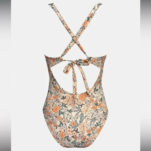 NWT One Piece Tummy Control Deep V Neck Double Straps Back Tie Swimsuit - Picture 2 of 15